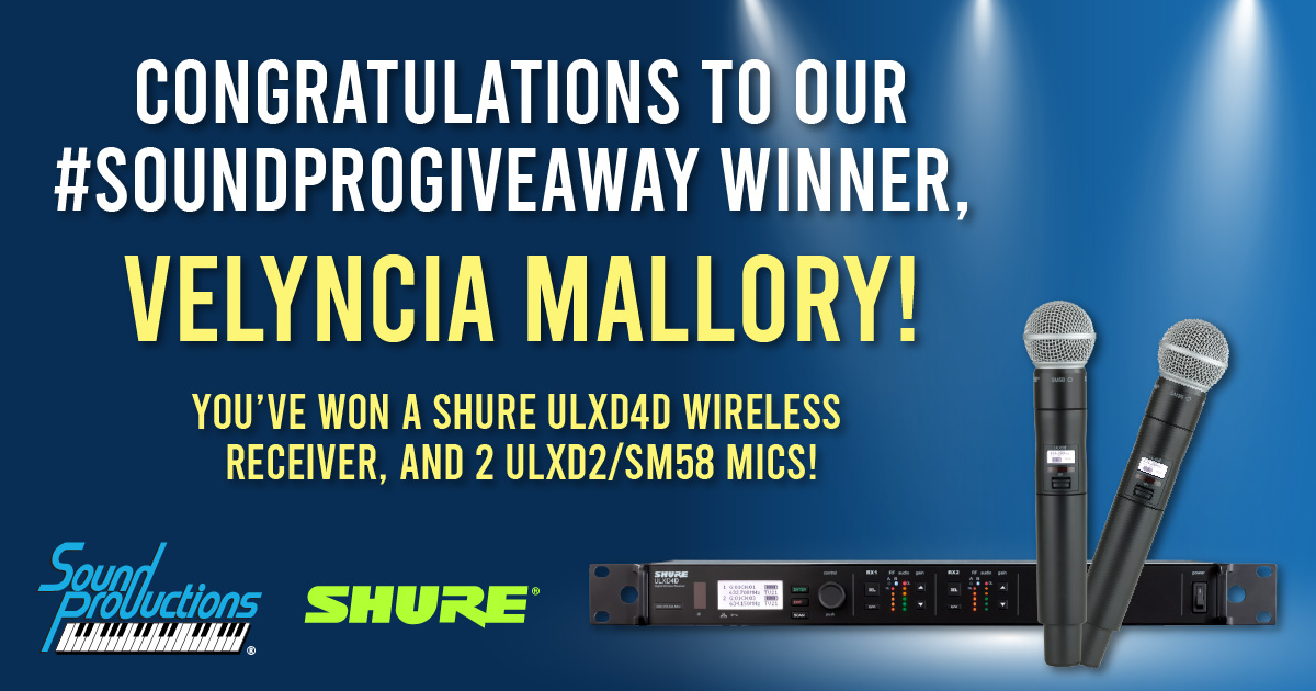 soundpro's tweet photo. CONGRATULATIONS to our #SoundProGiveaway winner, Velyncia Mallory! You’ve won a Shure ULXD4D Digital Wireless Receiver and two Shure ULXD2/SM58 Wireless Mics!!
Thank you to all who entered, please stay tuned for future #SoundPro Giveaways.
#Shure #ShureWireless #Giveaway https://t.co/LJRcTCBkZ2