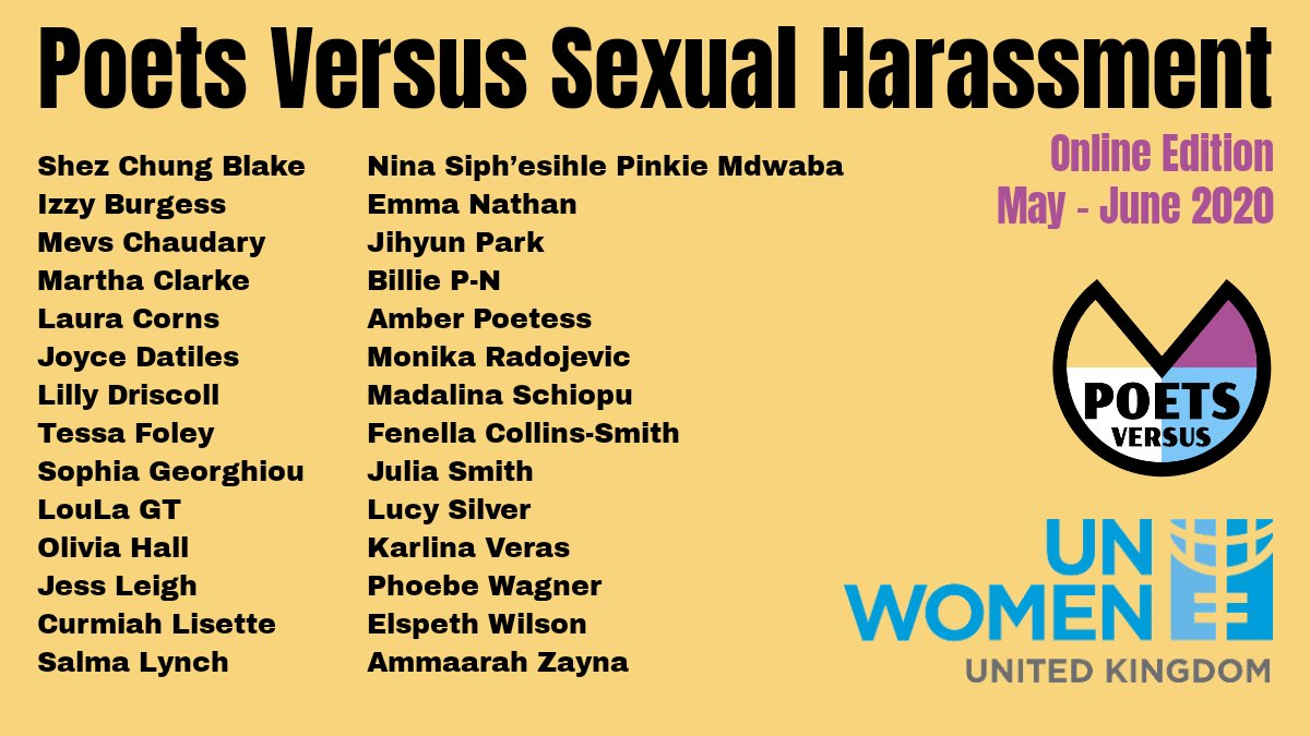 Delighted to announce the online edition of Poets Versus Sexual Harassment, in partnership with <a href="/UNWomenUK/">UN Women UK</a>.

A fantastic lineup of poets who will stand up to sexual harassment in all its forms.

Anthology coming soon.

100% of donation goes to UN Women UK.
#PoetsVersus #poetry