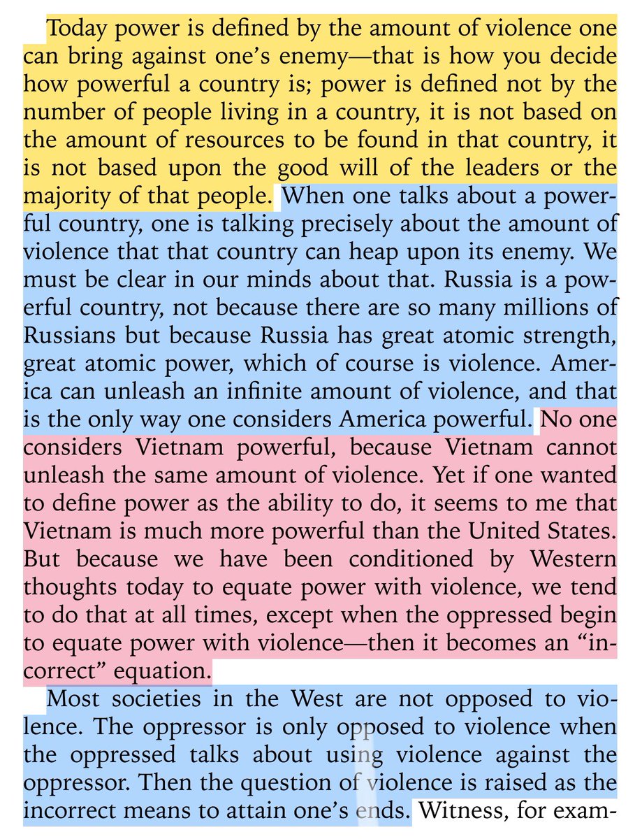 “most societies in the West are not opposed to violence. the oppressor is only opposed to violence when the oppressed talks about using violence against the oppressor. then the question of violence is raised as the incorrect means to attain one’s ends.”