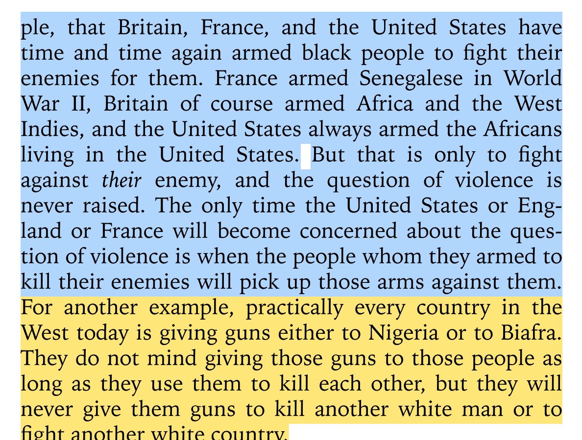 “but that is only to fight against their enemy & the question of violence is never raised. the only time the US, England or France will become concerned about the question of violence is when the people whom they armed to kill their enemies will pick up those arms against them.”