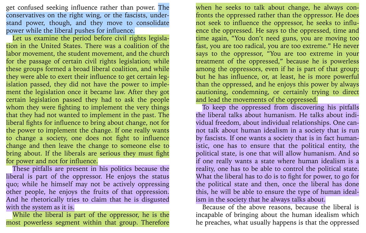 “to keep the oppressed from discovering his pitfalls the liberal talks about humanism. he talks about individual freedom, about individual relationships. one cannot talk about human idealism in a society that is run by fascists.“—kwame ture, the pitfalls of liberalism