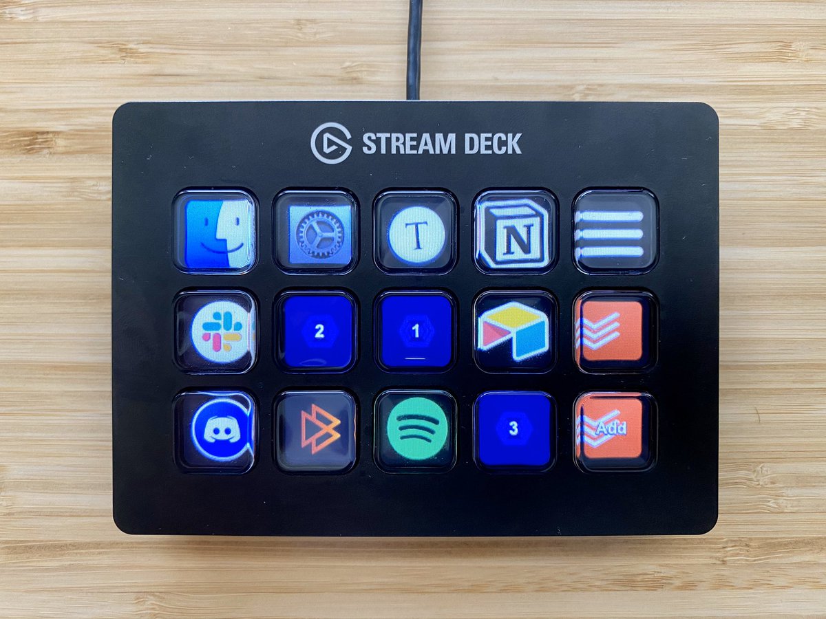 MBleifer's tweet photo. @tylerbeaty_ Bottom two rows map to all my full screen apps / desktops across the 3 monitors for easy switching. Top row is additional commonly used apps. Top right button opens the notification drawer on Mac. Bottom right quick adds a task. Always evolving. https://t.co/HvuyS8AhJG
