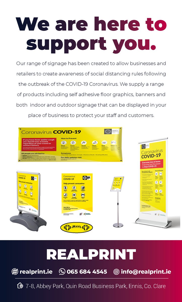 Lots of options  here at Realprint to help you to prepare your Business for a safe return to work. Floor Stickers, Signage, Pavement Signs, Pull up Stands, Banners and many more options <a href="/EnnisChamber/">Ennis Chamber</a> <a href="/ClareEcho/">The Clare Echo</a> <a href="/ClareFM/">Clare FM</a> <a href="/ClareChampion/">The Clare Champion</a> <a href="/HSELive/">HSE Ireland</a> <a href="/ClareCoCo/">Clare County Council</a> #StaySafeStayHome
