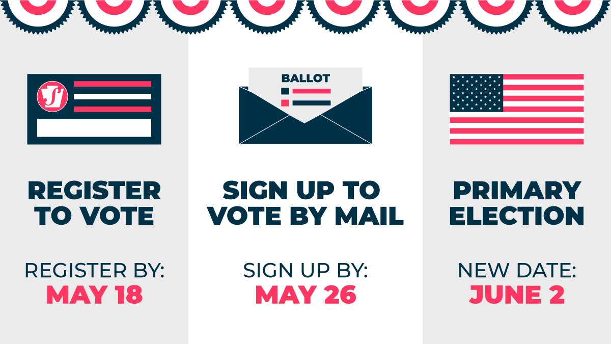 Only one month until the June 2 primary election. 🗳

For the first time, all registered voters will have the option to vote by mail ballot.

📋 Register to vote or update your registration at Register.VotesPA.com.

📮 Sign up to vote by mail at VotesPA.com/ApplyMailBallot.