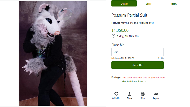 Moon2Umbriel's tweet photo. Brand new possum semi realistic partial suit, only worn for pictures.@TheDealersDen 

Features moving jaw and following eyes: https://t.co/Pm91QYzWU3

#thedealersden #fandom #auction https://t.co/AyJd2VTpxo