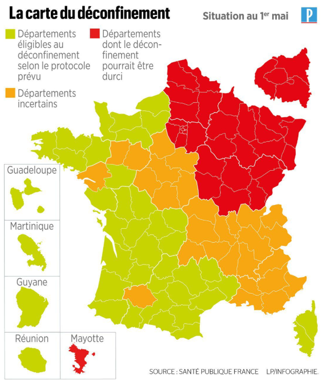 leparisieninfog's tweet photo. #Deconfinement #COVID__19  : votre département est-il en vert, orange ou rouge ? Voici la deuxième carte provisoire >> https://t.co/DFvpQLW5ch https://t.co/5iMHBjDwzP