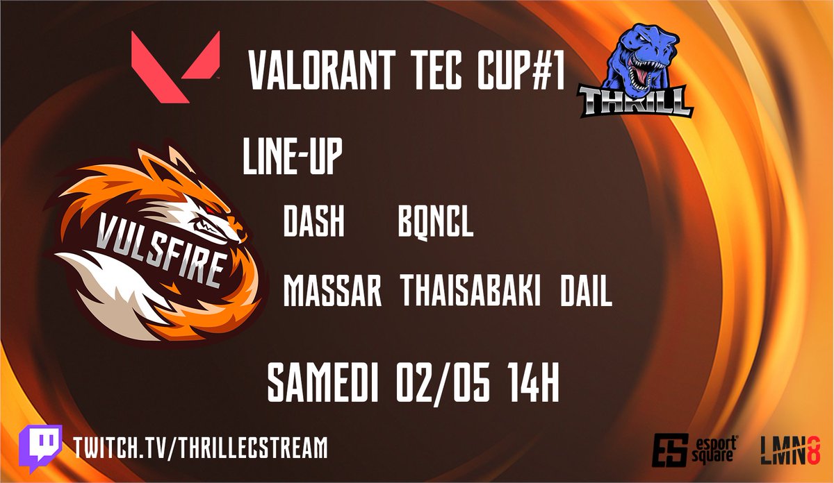 Team_VulsFire's tweet photo. #VALORANT [#TECCUP1]

Nouveau Tournoi (VALORANT TEC CUP#1)
Line-up :
@Daashyy_ @91Massar_ @daiL_stream @CarlGintzburger @SabakiThai 

⏰14H Demain

https://t.co/uYT2Lxzjot
https://t.co/BVXfMeiQWj

🔥#WEAREVULSFIRE🦊 https://t.co/HL5qu05N7y