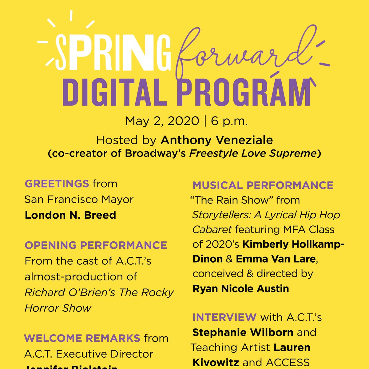 ACTSanFrancisco's tweet photo. Here's the exciting program for our #ACTSpringForward event! Join us tomorrow at 6 p.m. for Youtube Live: https://t.co/CwtVJ58q6W
RSVP & donate here: https://t.co/tmsWoKkWPh https://t.co/60OScsAcLh