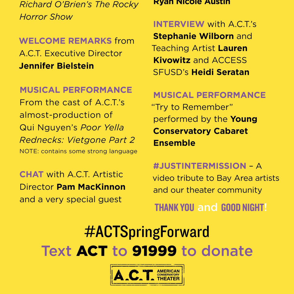 ACTSanFrancisco's tweet photo. Here's the exciting program for our #ACTSpringForward event! Join us tomorrow at 6 p.m. for Youtube Live: https://t.co/CwtVJ58q6W
RSVP & donate here: https://t.co/tmsWoKkWPh https://t.co/60OScsAcLh