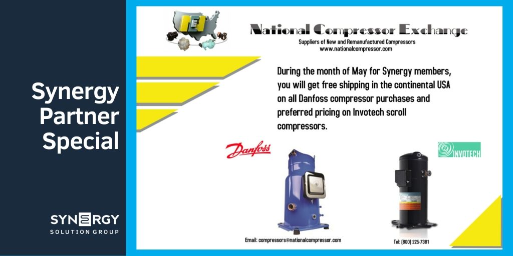 tweetsbysynergy's tweet photo. During the month of May, #SynergyPartner @NCE_Compressor is offering all Synergy members free shipping in the continental USA on all Danfoss compressor purchases and preferred pricing on Invotech scroll compressors. https://t.co/v5zk2mDzLv
#TeamSynergy #NoVendorsJustPartners https://t.co/lyoR6A5Cgs