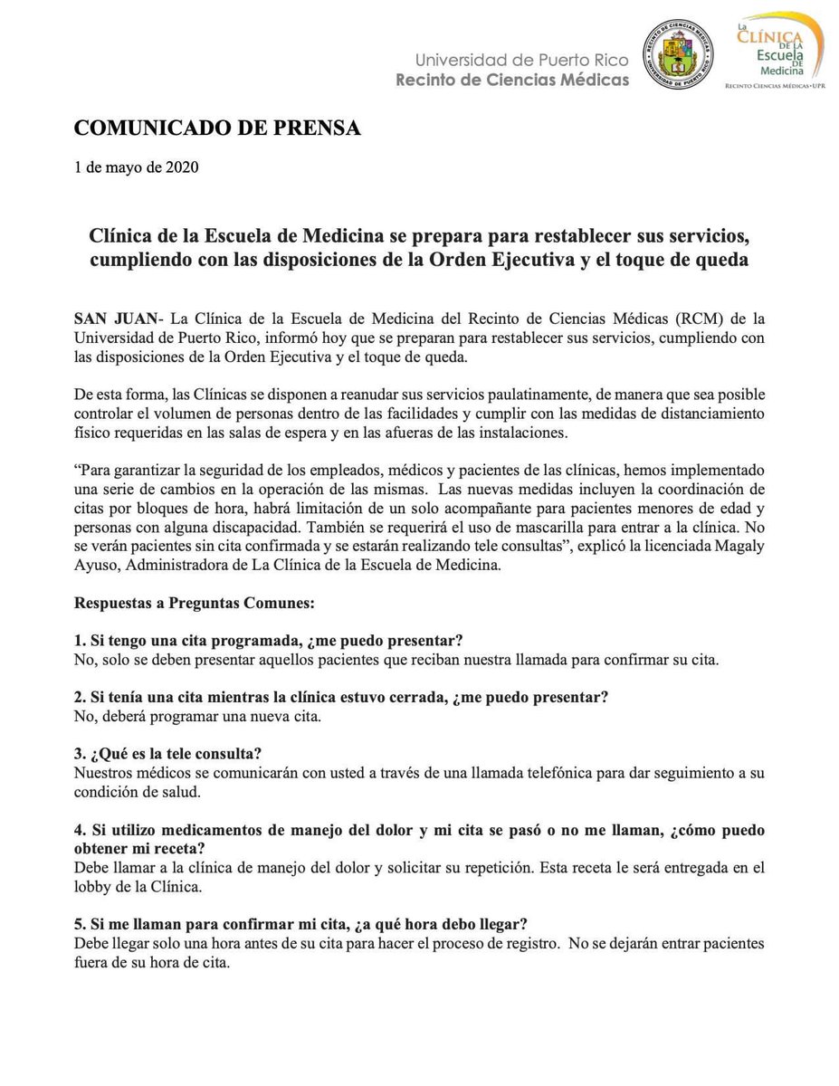rcmupr's tweet photo. La Clínica de la Escuela de Medicina del Recinto de Ciencias Médicas (RCM) de la Universidad de Puerto Rico, informó hoy que se preparan para restablecer sus servicios, cumpliendo con las disposiciones de la Orden Ejecutiva y el toque de queda. https://t.co/pP7pa3ptbe