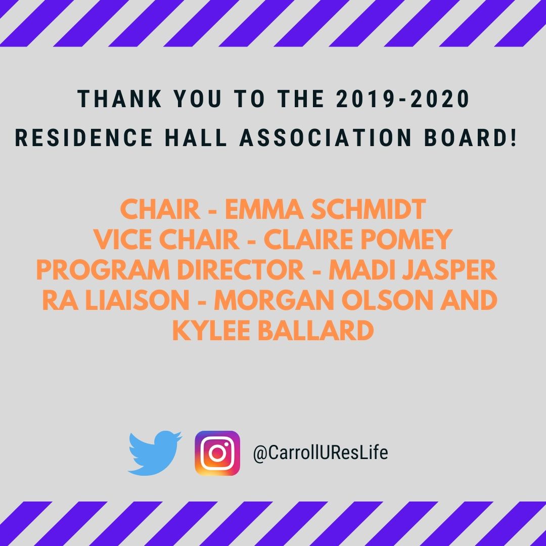 CarrollUResLife's tweet photo. Thank you to our 2019-2020 Residence Hall Association Board. Your hard work and dedication to supporting our students is appreciated. You are an integral part of our office and we could not accomplish all of our goals without you. https://t.co/Udb6LVRYy8