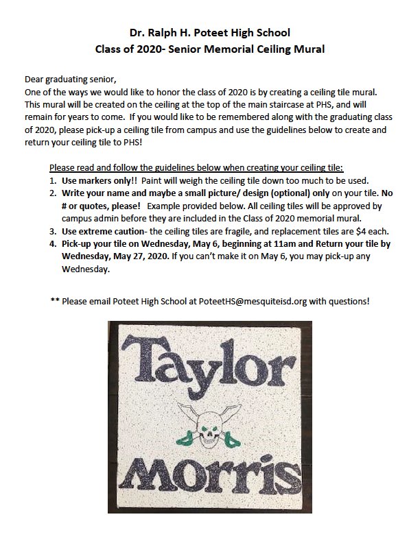 Seniors, please read! If you’re interested in this, you may begin picking up ceiling tiles on Wednesday, May 6.