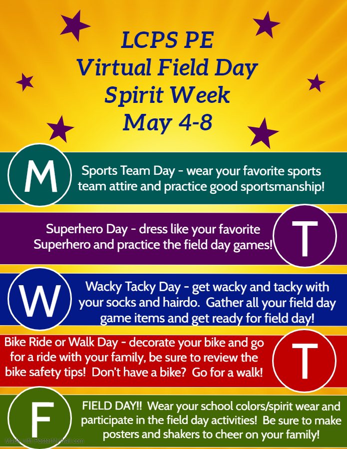 LCPSHPE's tweet photo. Hey 👋 @OPENPhysEd, @LCPSOfficial is ready to unite while apart! #LCPSFieldDay Spirit Week starts Monday as our lead-up to the big day - #NationalFieldDay 🗓 We appreciate this opportunity‼️#TogetherApart https://t.co/MnD6GHkL1n