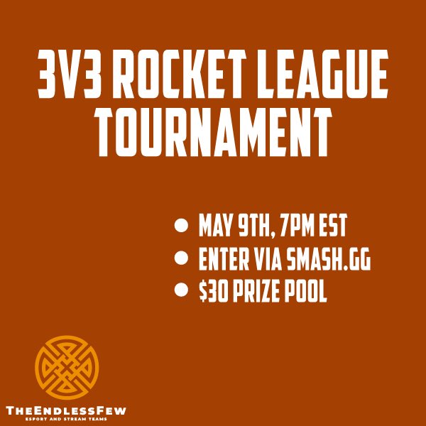 TheEndlessFew's tweet photo. We’ve got a 3v3 RL tournament set up for next Saturday night. Search TheEndlessFew on https://t.co/rpOz1x3CQ7 to enter. There is a $30 prize pool for the winning team. Best of luck to all who enter. Our very own EndlessKnights will be participating! // #RocketLeague #esports https://t.co/fVSw6Tqbeh