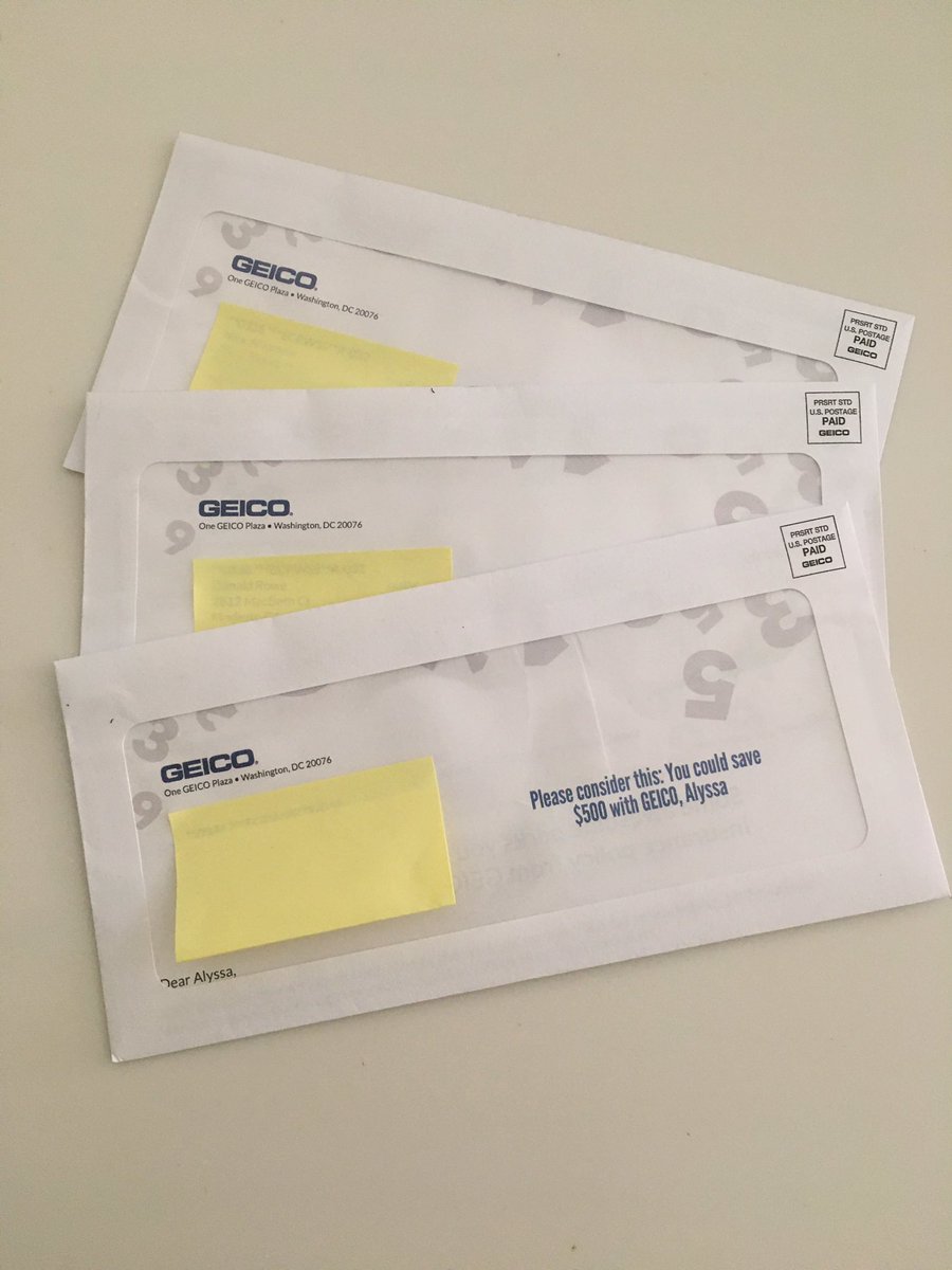 BackRowe's tweet photo. @GEICO  seriously I get 3-4 of these letters a month all different people. You could save by not sending these. #inthetrash #overkill https://t.co/jsdK1SGpea