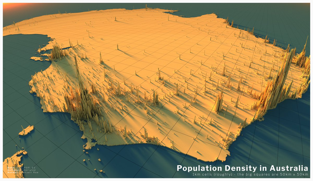 I think I'm just going to keep exploring the world in this way, so here's a few more population density renders from Australia(next up, North America)