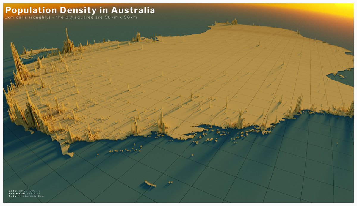 I think I'm just going to keep exploring the world in this way, so here's a few more population density renders from Australia(next up, North America)