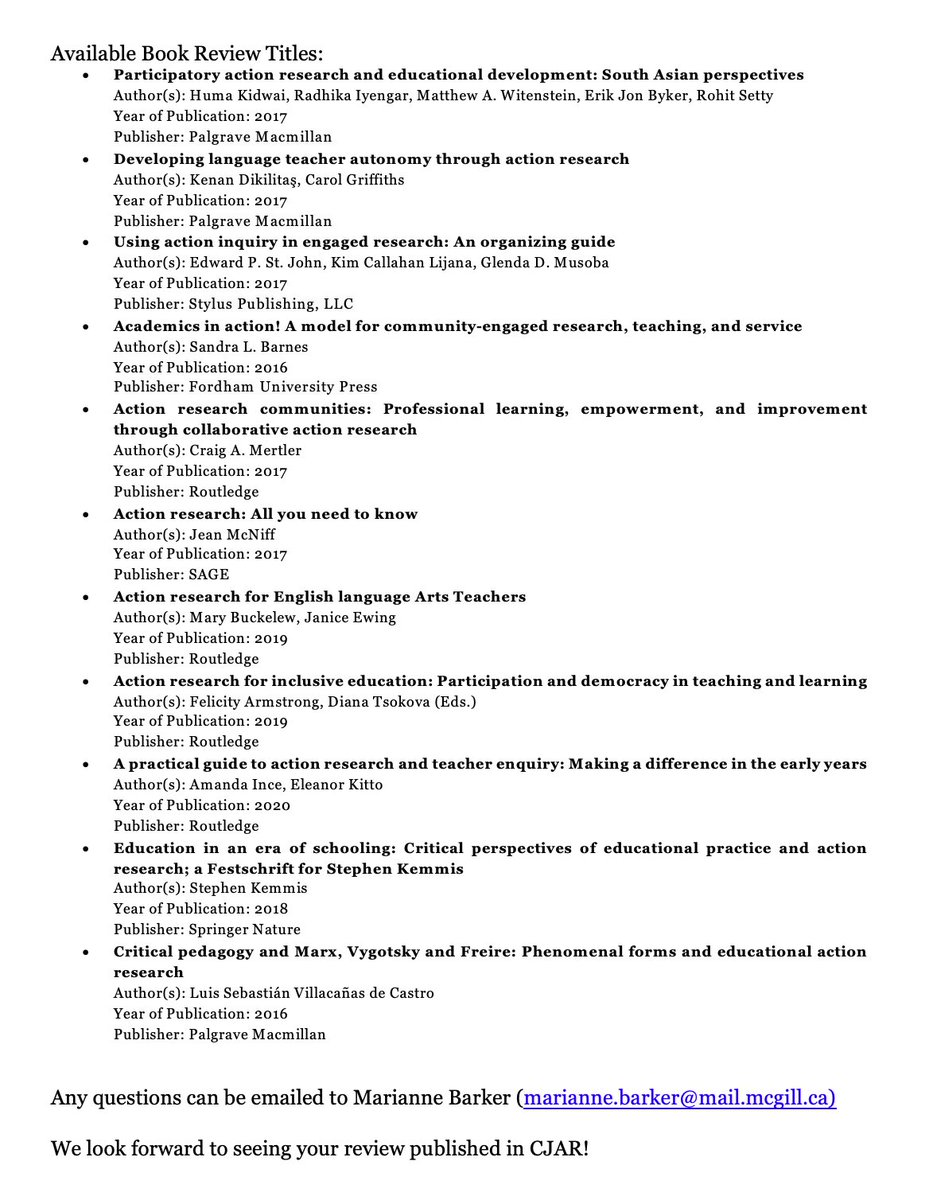 journal_action's tweet photo. We are currently inviting #BookReview submissions! Book reviews are 750-1500 words, and are a great way to add a #publication to your #academic #CV. See the attached image for available titles. Interested in writing one? Email marianne.barker@mail.mcgill.ca with any questions! https://t.co/pdL188o6N8