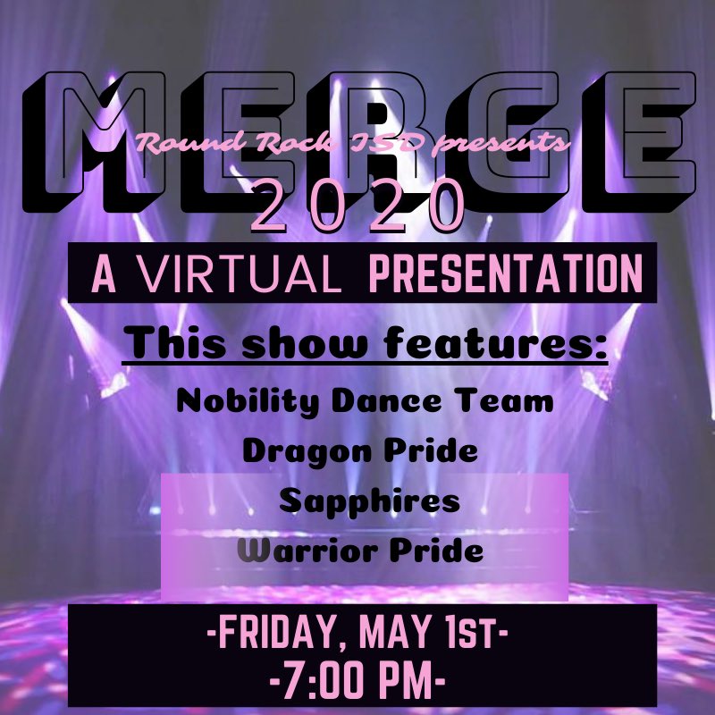 CRHS_Nobility's tweet photo. The Virtual MERGE show will go live at 7pm tonight to the public for our amazing Ensemble Teams! Help us celebrate the teams and the Seniors! https://t.co/9UO0PDn6Y7 @roundrockisdfinearts @crhs_finearts @cedarridgehigh @roundrockisd @nancy_ag2000 @sfloresRRISD @DrPresley_RRISD https://t.co/5Vi2HhkFw7