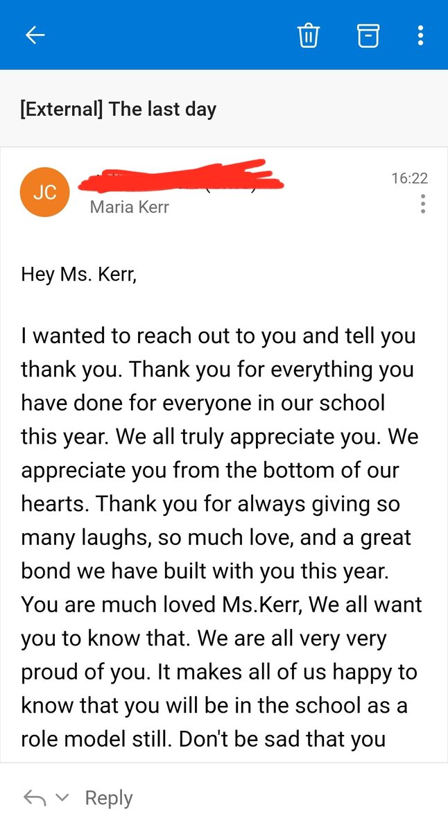 msmaria2020's tweet photo. I ended my internship today and posted a goodbye video to my kids. This is a response I got. THIS is why I choose to teach. I'm not crying, it's just the allergies. @DrTchr @mannebaker @nacarnes https://t.co/jN3VYQj9AD