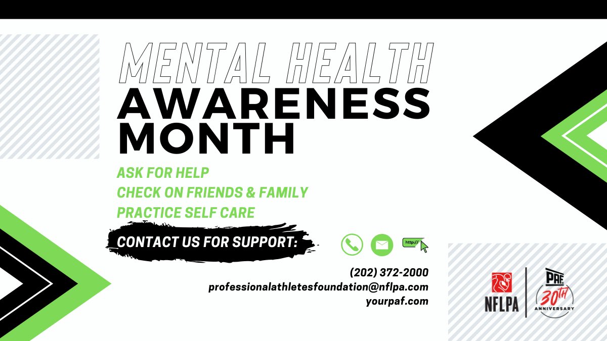 yourPAF's tweet photo. May is #MentalHealthAwareness Month! @NFLPAFmrPlayers —remember you can always contact the Professional Athletes Foundation for support. Asking for help is NEVER a sign of weakness. #yourPAF https://t.co/S6II2qoMIw