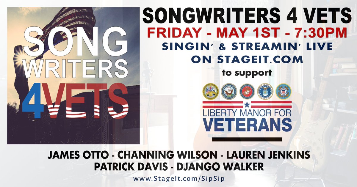 SW4Vets's tweet photo. Show starts in less than 3 hours! Check it out! https://t.co/BcQuLAWvmV  @PDMusic @djangowalker @ChanningWilson @Lauren_Jenkins @jamesotto 

#sw4vets #songwriters4vets #songwritersinparadise #stageit https://t.co/bUTxhsDpiV