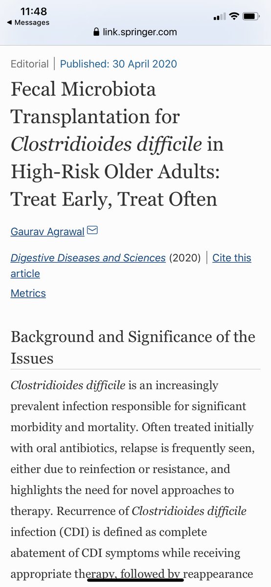1/ Excited to share our work on #FMT outcomes for recurrent #Cdiff (rCDI) in high-risk older adults was discussed in this month's @DDS_journal. #GITwitter Read below for highlights: link.springer.com/article/10.100… link.springer.com/article/10.100… CC: @grinsa01 @entixier