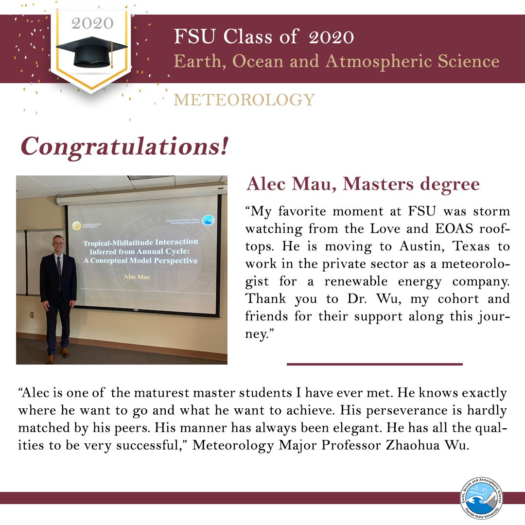 FSU_EOAS's tweet photo. Congratulations to Alec Mau, graduate student @FSU_EOAS for getting his Masters degree in Meteorology!! 🌦️👏
@floridastate @FSUartssciences #fsueoas #FinishStrongFSU https://t.co/zFhlquUEp8