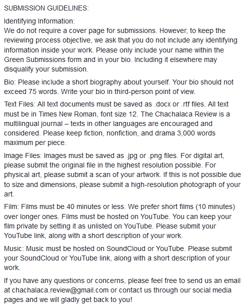 thechachalaca's tweet photo. Today's the last day for submissions! If you still have work you want to share, email your submissions to us at chachalaca.review@gmail.com. Submission Guidelines are listed below. Good luck and take care! #OpenCall #artistsontwitter #UTRGV https://t.co/0y3Z0t4Ipv