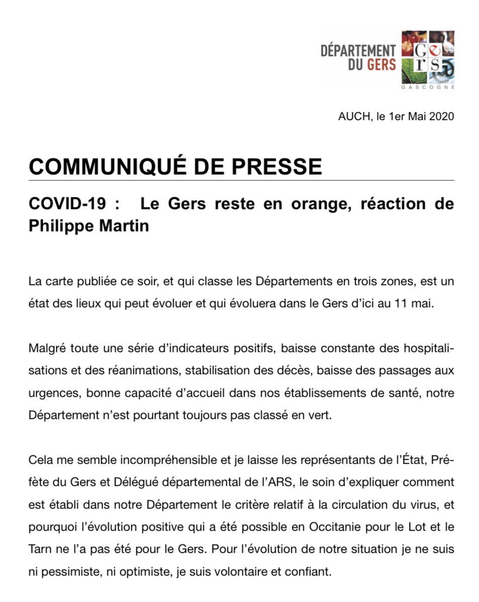 PLadeveze's tweet photo. Carte de France du Coronavirus/ Gers toujours en orange. Philippe Martin  ne comprend pas...   #rougedecolère ». Et bientôt #vertderage ...mais #VolontaireEtConfiant https://t.co/EnbuKFMDfd