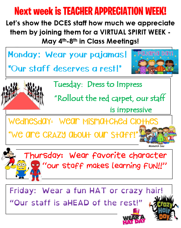 DCESBCPS's tweet photo. Virtual #DCESFAMILY spirit week starts Monday to celebrate our staff! https://t.co/B4okLtLhdI