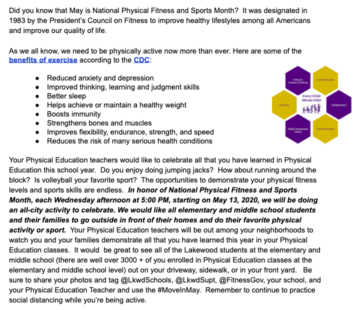 LkwdGarfield's tweet photo. Important news from your K-8 Physical Education teachers regarding National Physical Fitness and Sports Month. @lkwPE @lkwdphysed @_LkwdPhysEd @LachlkwdPE @manos_lkwd @LkwdAthletics https://t.co/Etao1N4w3d