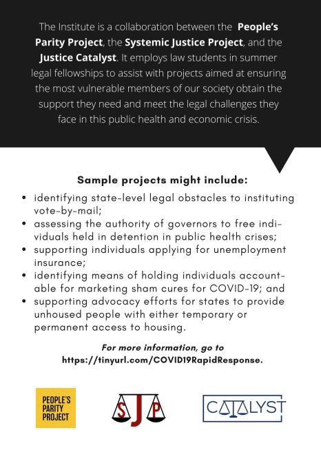 In less than a week, we have received hundreds of fellowship applications for the COVID-19 Rapid Response/Systems Summer Institute. 

Now, we are seeking project partner orgs &amp; lawyers in need of assistance responding to the crisis. 

Learn more here: systemicjusticeblog.wordpress.com/2020/05/01/cal….