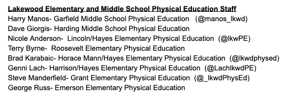 Important news from your K-8 Physical Education teachers regarding National Physical Fitness and Sports Month. <a href="/lkwPE/">Nicole Anderson</a> <a href="/lkwdphysed/">Brad Karabaic</a> <a href="/_LkwdPhysEd/">Steve Manderfield</a> <a href="/LachlkwdPE/">Genni Lach</a> <a href="/manos_lkwd/">Harry Manos</a> <a href="/LkwdAthletics/">LakewoodHS Athletics</a>