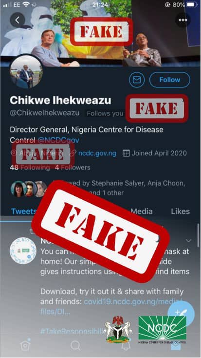 This Twitter account (@ChikweIhekweazu) is not mine. 

I have only one account which is verified. Please disregard any posts, comments or activities from this account

Cc @Twitter @TwitterSupport