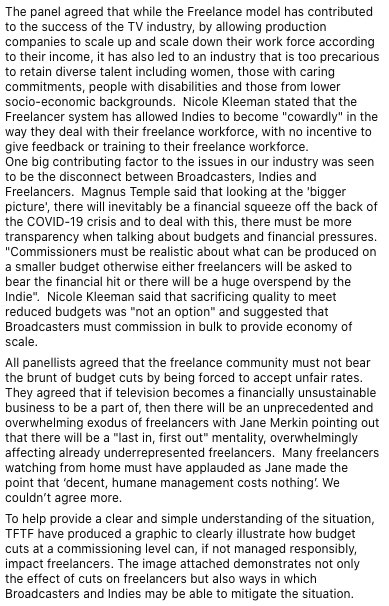 the_tv_mindset's tweet photo. Following yesterday’s #freelancerdebate, the Television Freelancers Task Force have some thoughts to share.

We’ve also created an infographic to help illustrate the effect of broadcaster cuts, which can be found here: https://t.co/lT3GTSKU2N https://t.co/BJRztdbyYw