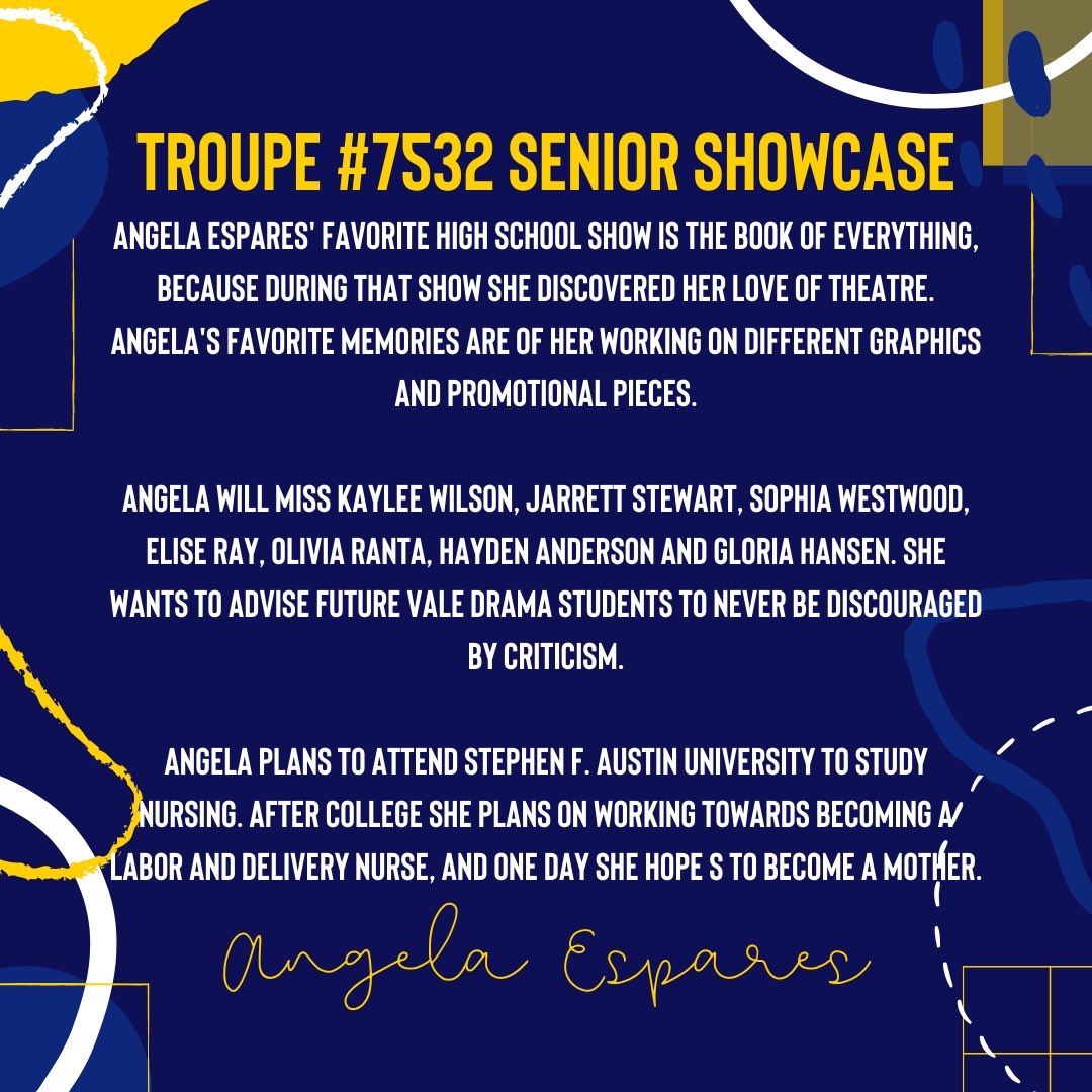 Today’s thespian senior shoutout is to Angela Espares!

Thank you Angela for the hard work and dedication you’ve put into Vale Drama!