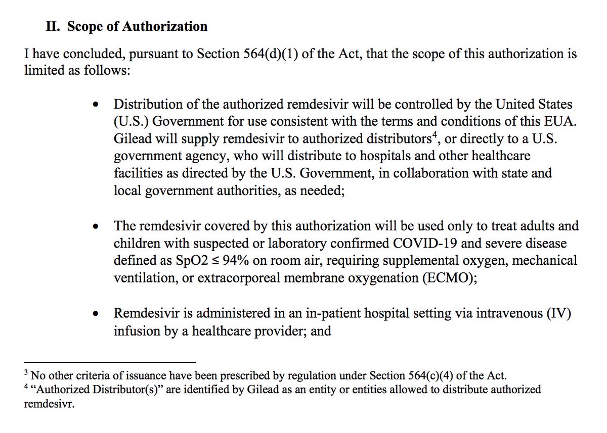 New 🔥: <a href="/US_FDA/">U.S. FDA</a> issues Emergency Use Authorization for remdesivir to treat hospitalized pts w/ severe #COVID19. Still awaiting to hear who qualifies as "authorized distributors" besides a US govt agency. <a href="/SIDPharm/">SIDP</a> <a href="/ErinMcCreary/">Erin McCreary</a> @jpogue1 <a href="/MattDavis138/">Matt Davis</a> 

fda.gov/media/137564/d…