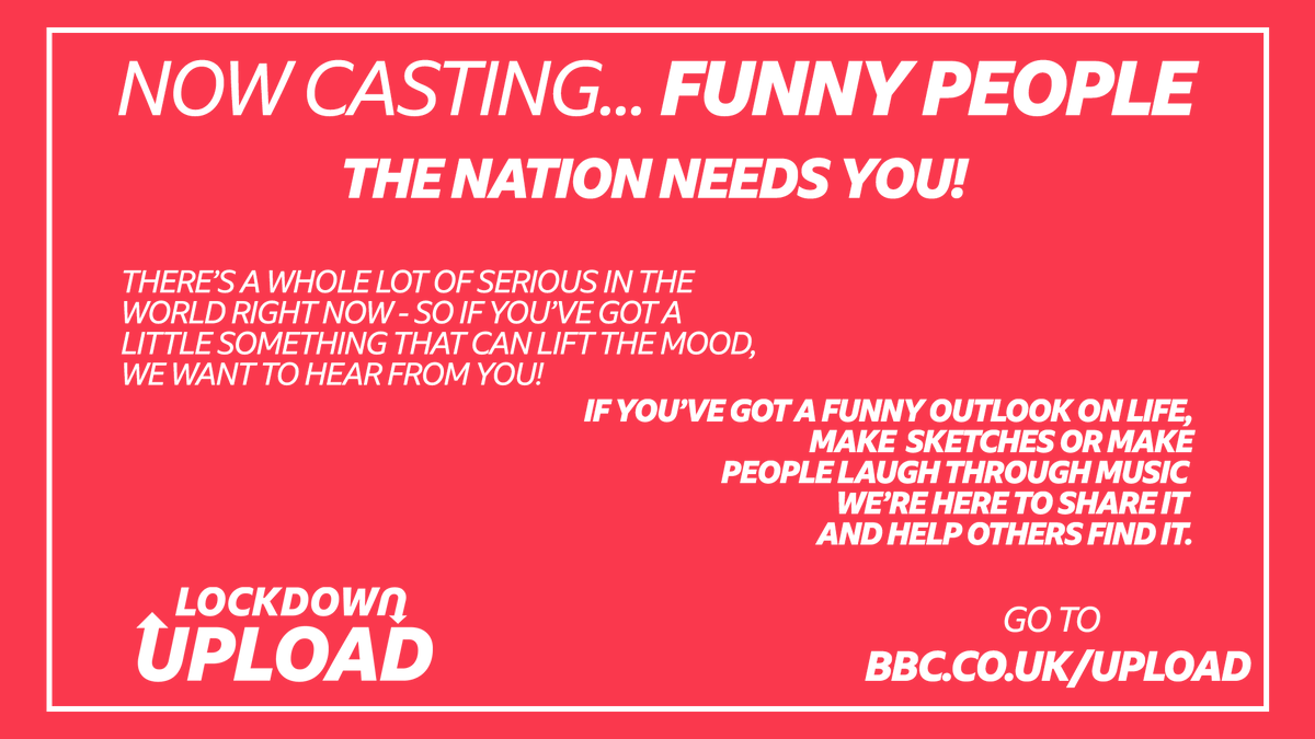 If you're creating stuff which will make people laugh, the nation REALLY needs you right now! 
Upload it 👇 and we can help you get it out there 👏😁
bbc.in/bbcupload  #comedy #comedygivesback #lockdownuk #StayHomeSaveLives #StayHomeStaySafe
