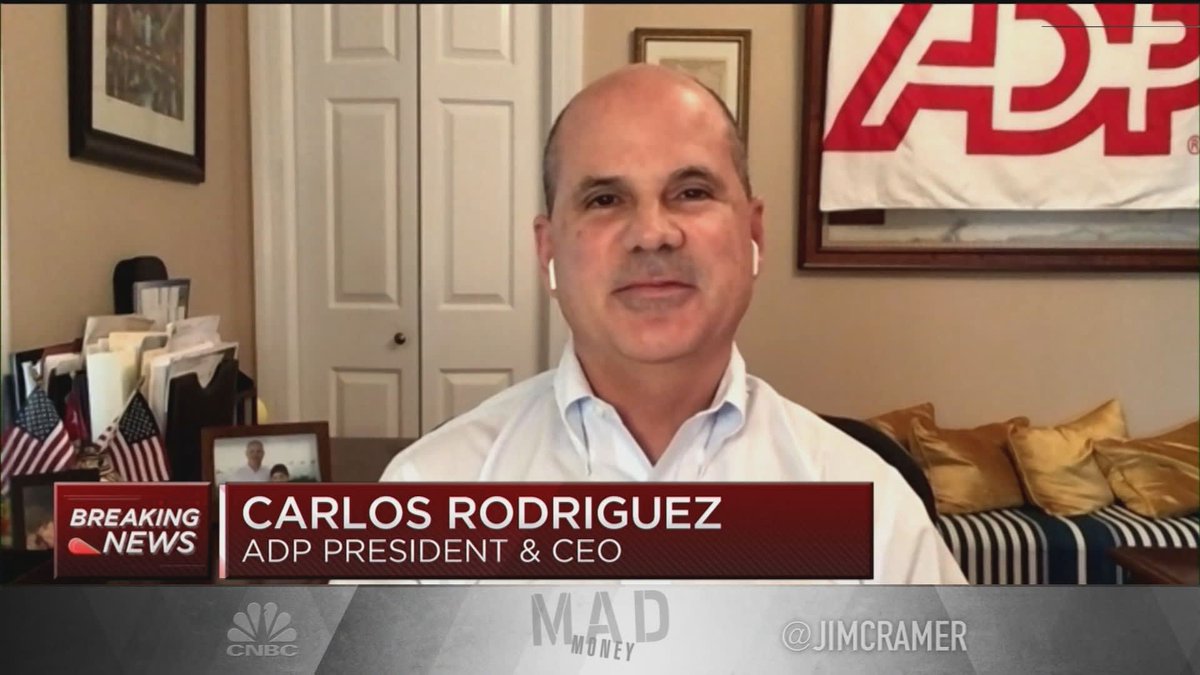 HeatherMSharkey's tweet photo. "It's possible that companies already are anticipating some kind of normalization or some kind of opening in certain states." Watch @ADP CEO Carlos Rodriguez on @MadMoneyOnCNBC discuss the changing jobs market with @JimCramer https://t.co/rACvNHP4FE #ADP https://t.co/cQFnsjM5XK