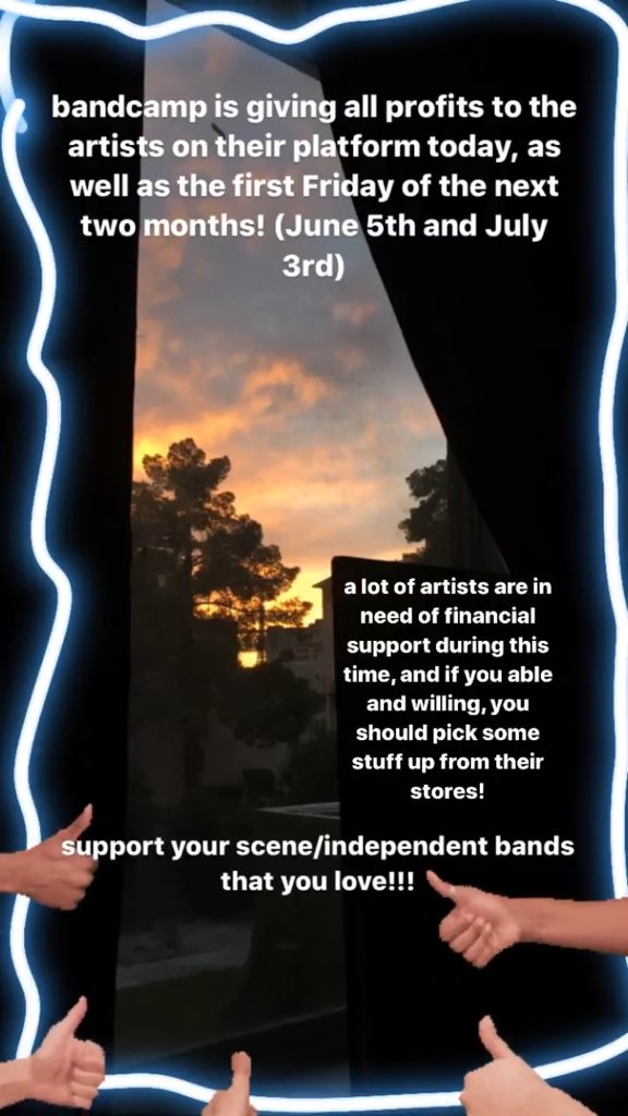 please support the bands you know are struggling during this pandemic. lots of shows and tours have had to be canceled leaving tons of bands with overstocked merch they planned on selling!!!