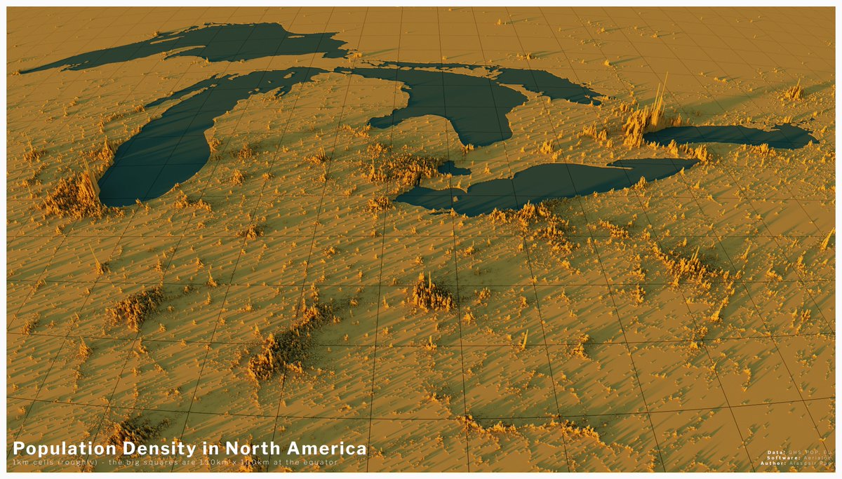some renders of North American population density now - I think my favourite view here is around the Midwest and Great Lakes