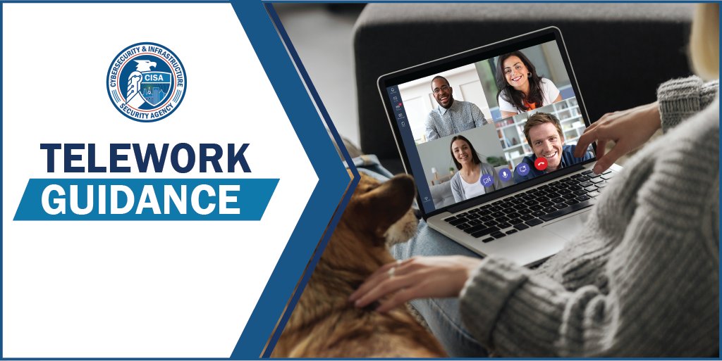 CISAgov's tweet photo. Do you have #cybersecurity concerns about your organization’s #telework operations? Get all the latest guidance from @CISAgov along with resources for how to manage that #cyber risk: https://t.co/r891EaUmdF #WFH https://t.co/z5HujnE9Gl