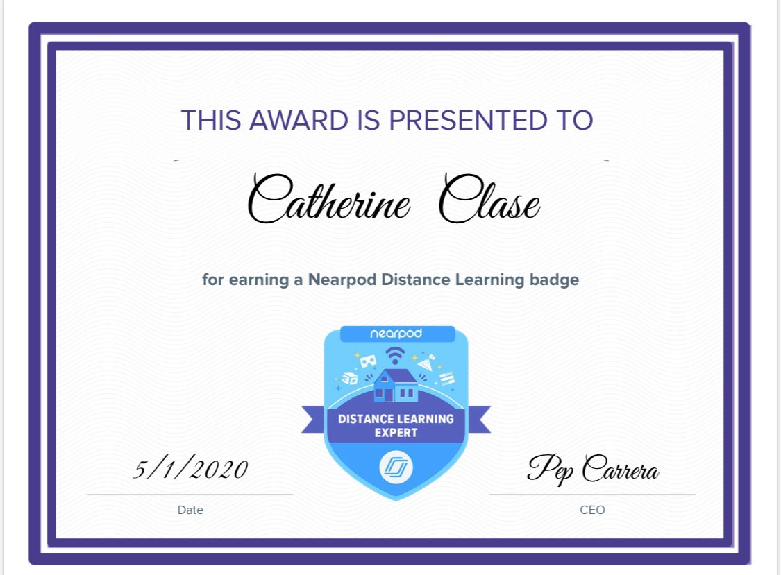 CatherineClase's tweet photo. So excited to have earned my nearpod distance learning badge 💙💙💙 https://t.co/pjiitS4ufT