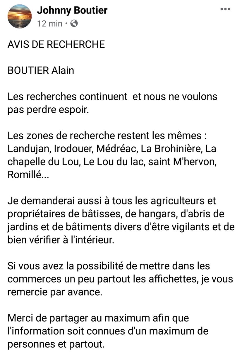 YannBre's tweet photo. AVIS DE RECHERCHE
Merci de bien vouloir relayer et partager cet avis de recherche.
Cela fait maintenant une semaine que Alain a disparu
#Bretagne #Rennes
#AvisDeRecherche
@BoutierJohnny
#MontaubanDeBretagne
#Landujan
#Irodouer
#Medreac
#LaBrohiniere
#Romille https://t.co/w0Ez8EQ3Qk