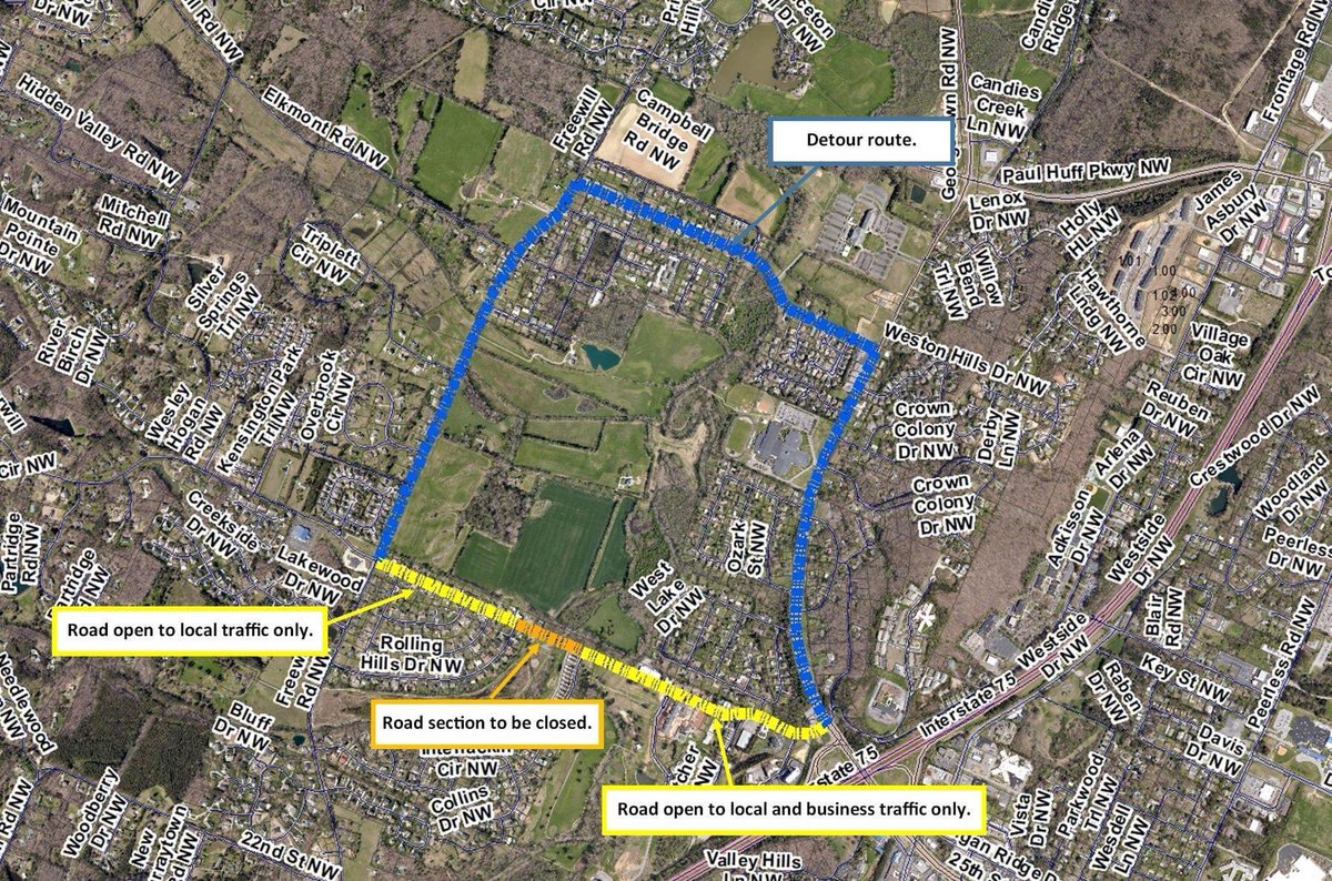 NOTICE!

Candies Ln NW will be closed to through traffic beginning Monday, May 4th.  Construction, including replacement of a bridge over a major Candies Creek tributary, is expected to last 3 months.  Residents are advised to use Villa Dr NW as an alternate route.