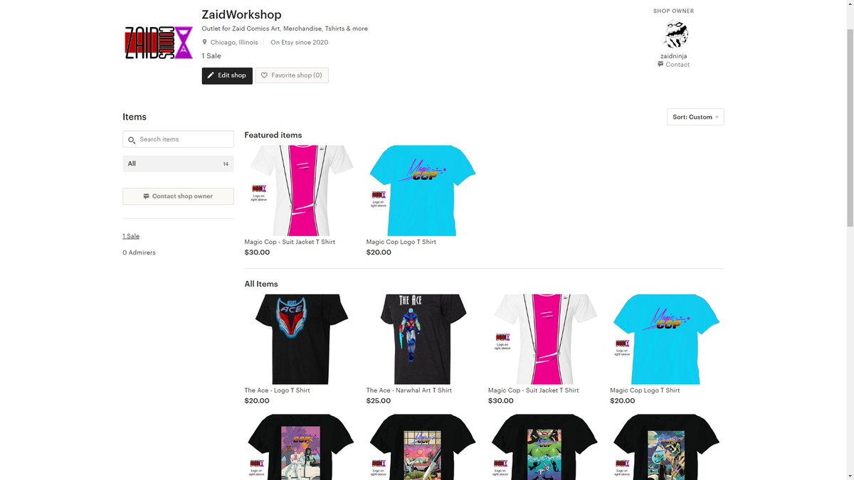 Zaidninja's tweet photo. New Merch at #ZaidWorkshop on #Etsy
We are proud to host @EdwinTheAce's Ace Shirts
Featuring art by @Plaster_Harris and art by @Zaidninja, All shirts are made in the USA and printed right in house
We also have a bevy of #MagicCop shirts from @ZaidComics  
https://t.co/2CUsP6puyH https://t.co/dWtpHliZ28