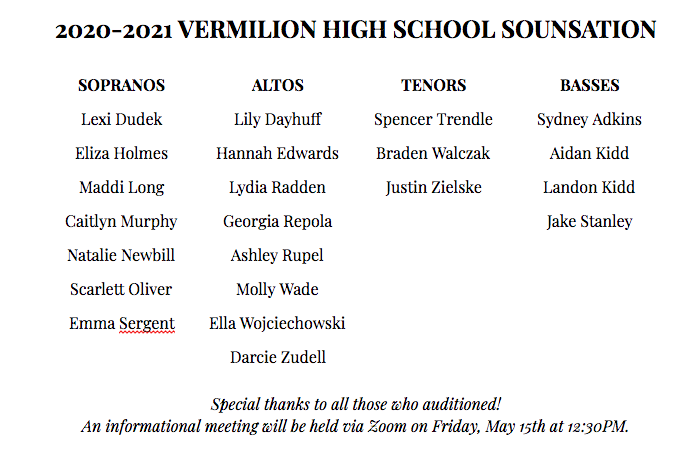 VermilionChoirs's tweet photo. Here it is, the 2020-2021 VHS Soundsation Roster! Special thanks goes to all who auditioned. Zoom Meeting to take place at 12:30PM on May 15th! https://t.co/L0zJPdWajm