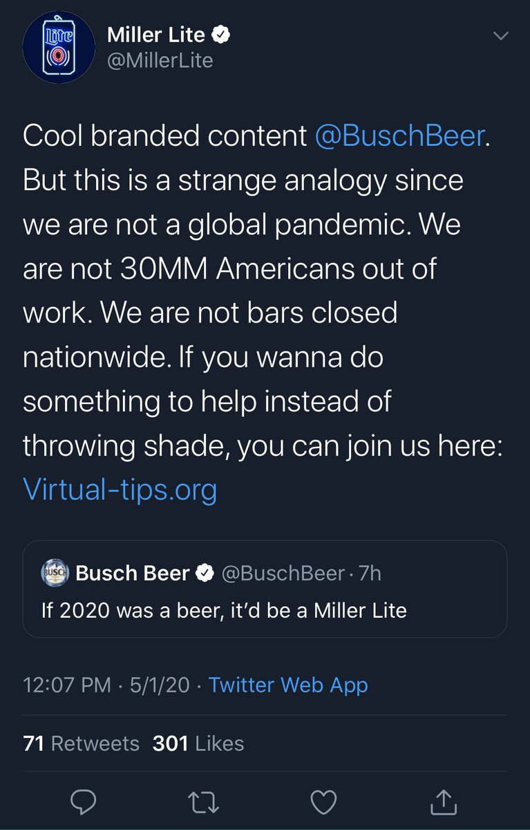griner's tweet photo. The beer wars escalated quickly today. @BuschBeer compared 2020 to @MillerLite, which fired back about pandemic insensitivity. Busch deleted the tweet. https://t.co/8BdXTxb7fR